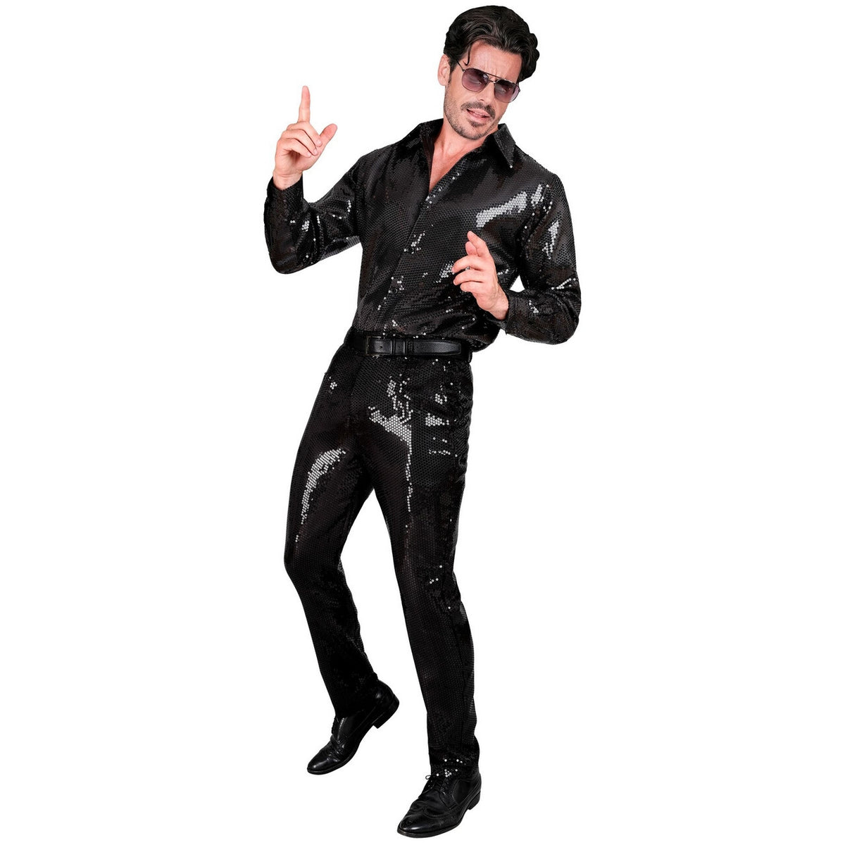 Op deze afbeelding zie je een Kostuums, van het merk Widmann. Shiney Pailletten Broek Zwart Man