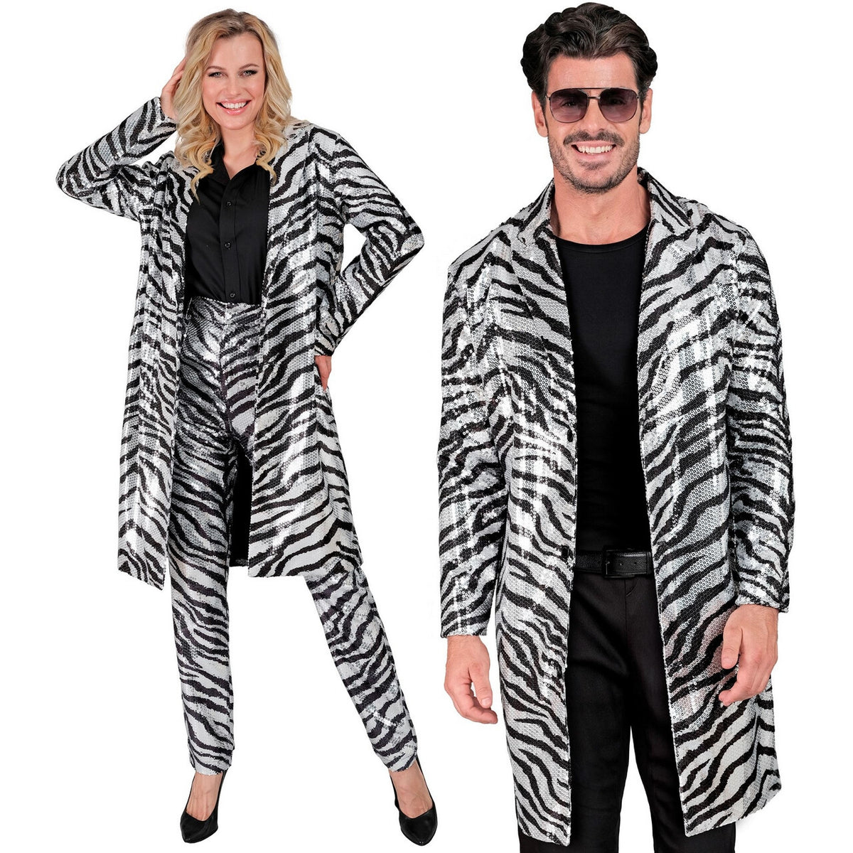 Op deze afbeelding zie je een Kostuums, van het merk Widmann. Shiney Stripes Pailletten Jas Zebra