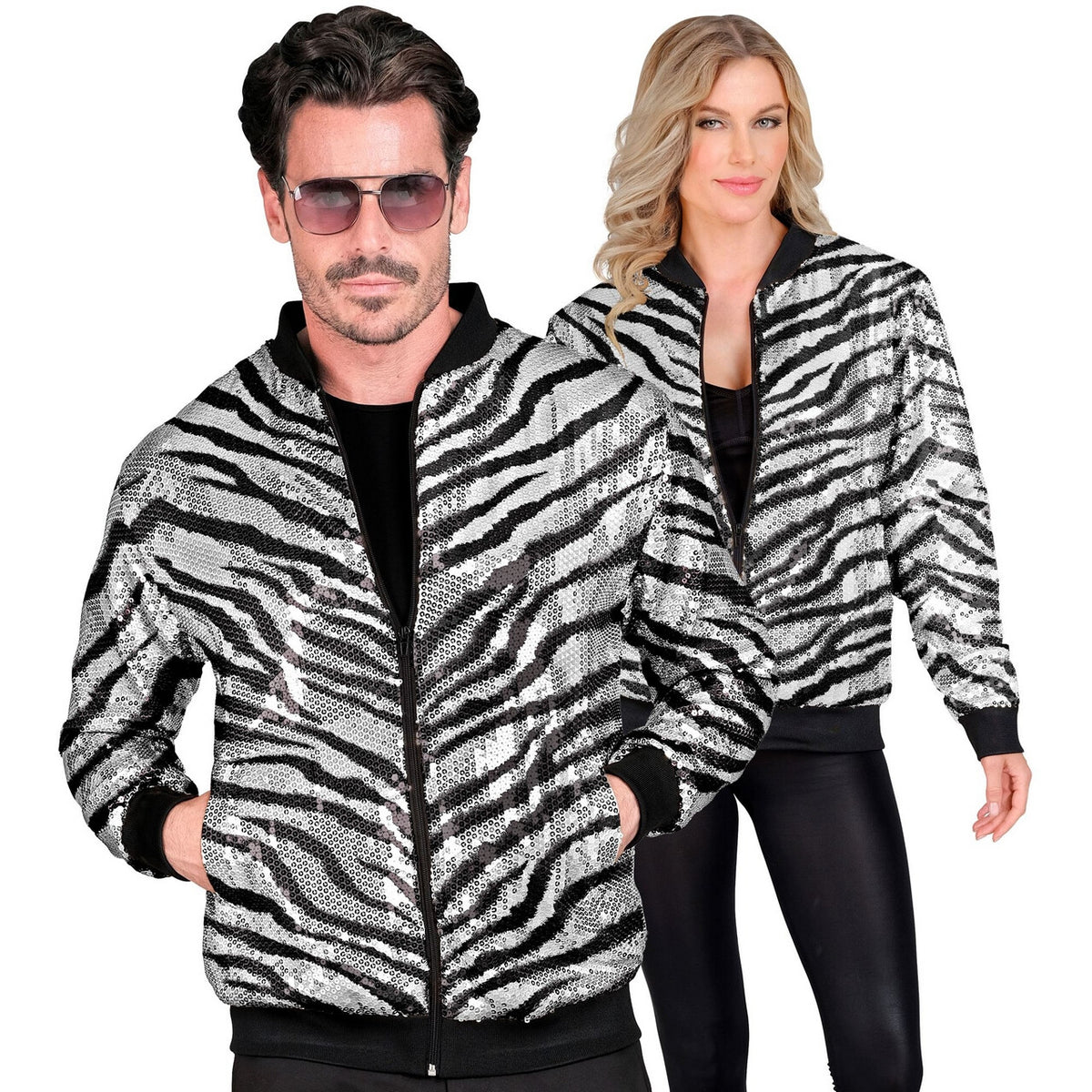 Op deze afbeelding zie je een Kostuums, van het merk Widmann. Bomberjack Shiney Stripes Zebra Pailletten Jas