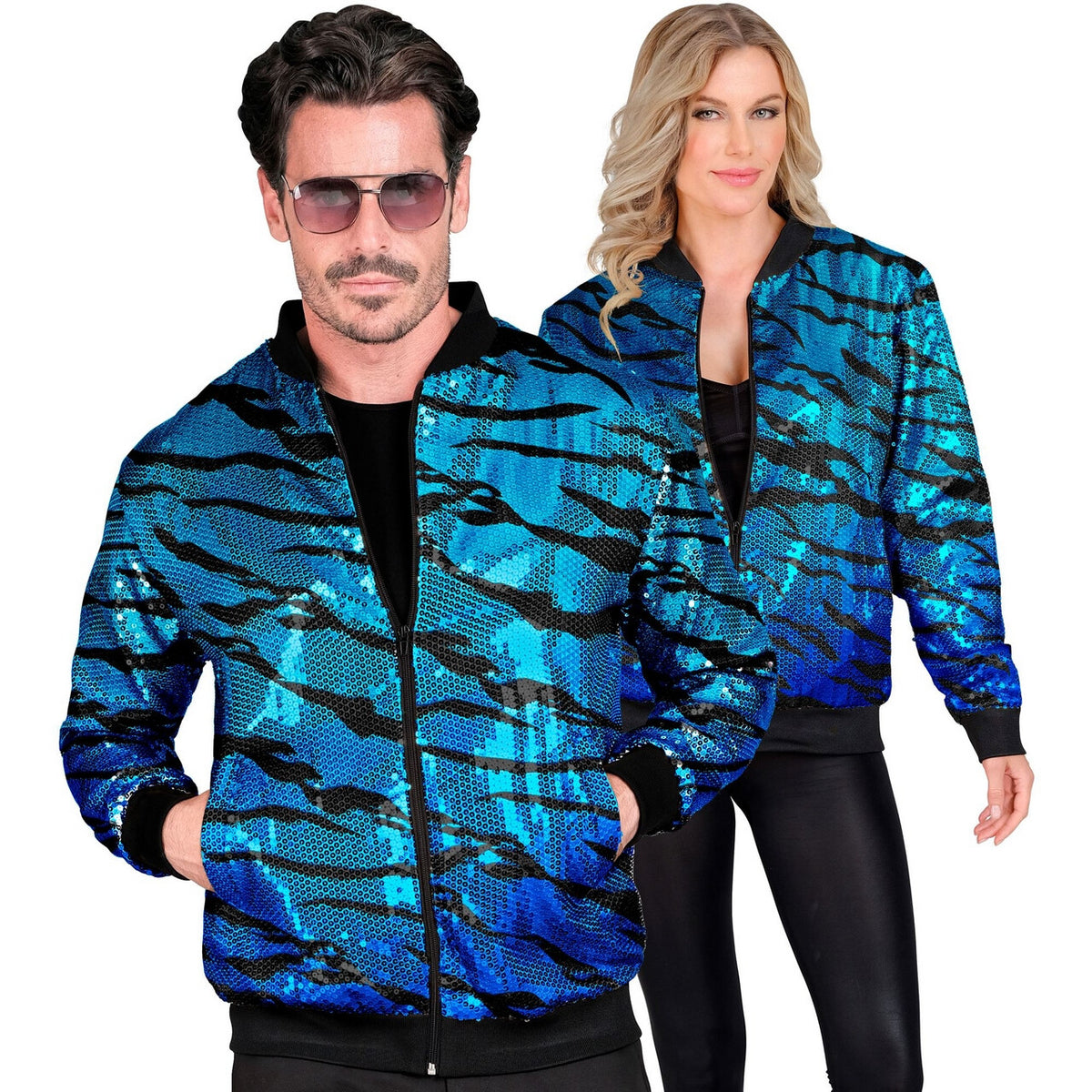 Op deze afbeelding zie je een Kostuums, van het merk Widmann. Bomberjack Pailletten Jas Avatar Blue Waves