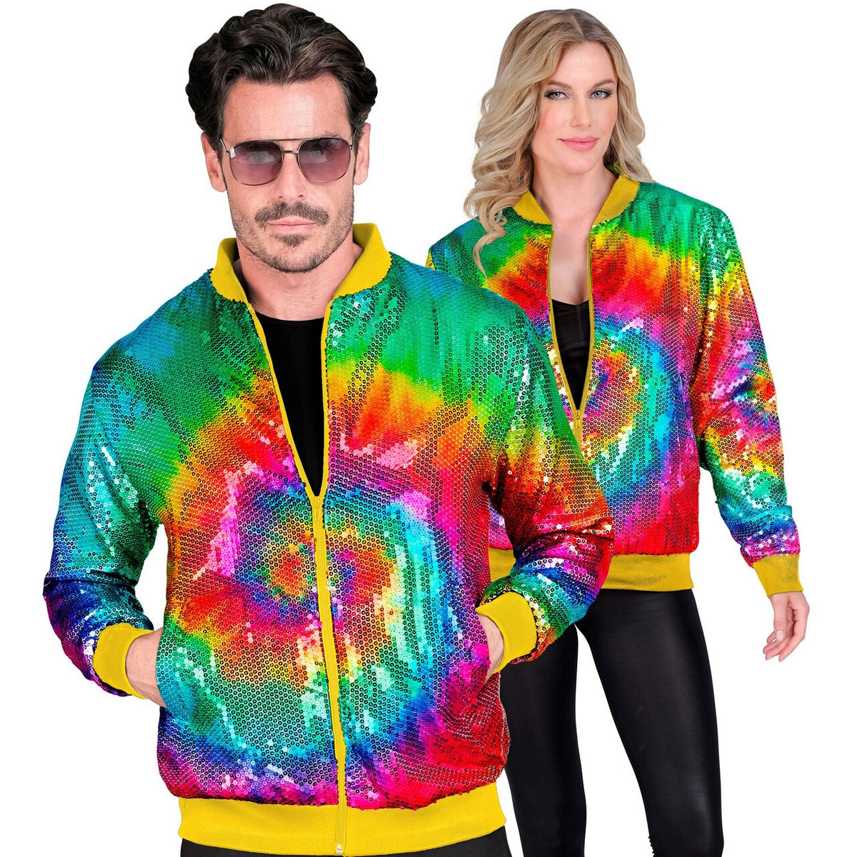 Op deze afbeelding zie je een Kostuums, van het merk Widmann. Bomberjack Hippie Tie Dye Pailletten Jas