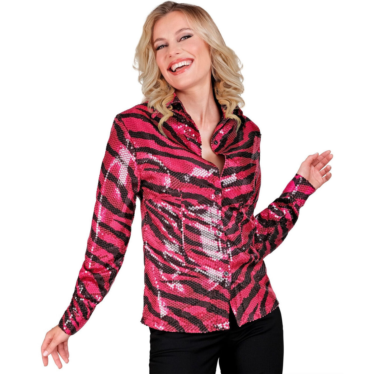 Op deze afbeelding zie je een Kostuums, van het merk Widmann. Pailletten Blouse Tijger Topper Roze Vrouw