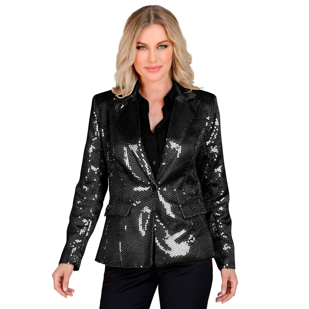 Op deze afbeelding zie je een Kostuums, van het merk Widmann. Pailletten Blazer Zwart Showgirl Patty Bling Vrouw