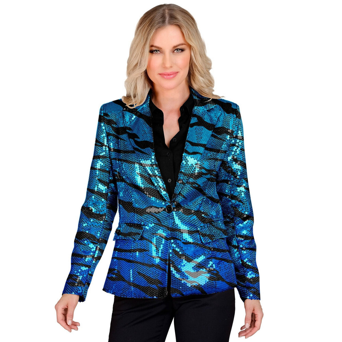Op deze afbeelding zie je een Kostuums, van het merk Widmann. Pailletten Blazer Blue Wave Vrouw