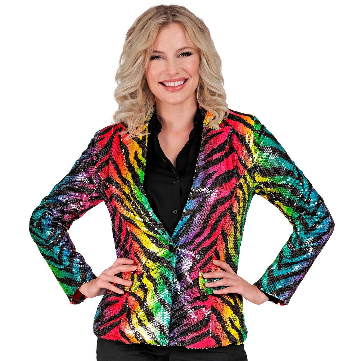 Op deze afbeelding zie je een Kostuums, van het merk Widmann. Pailletten Blazer Crazy Rainbow Stripes Vrouw