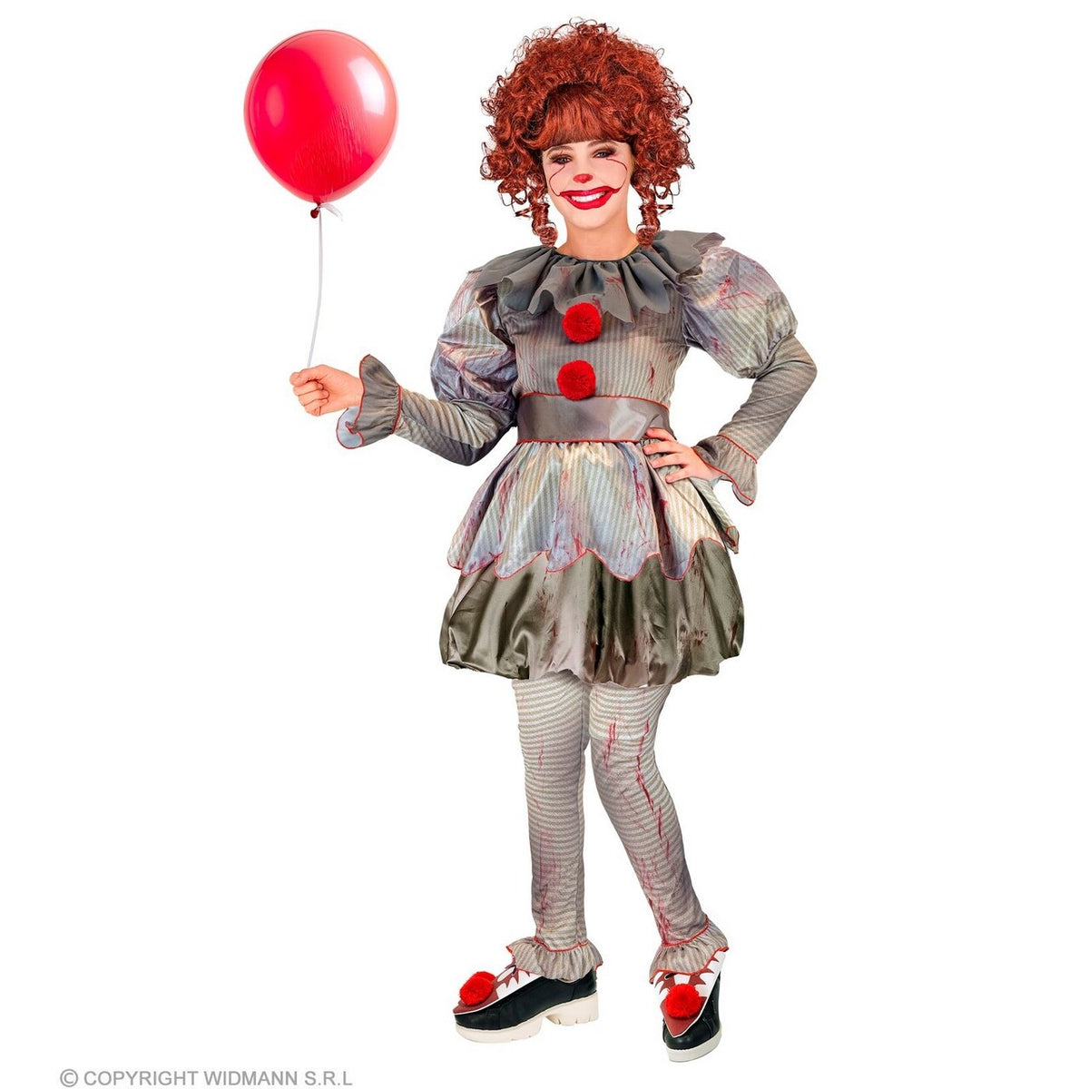 Op deze afbeelding zie je een Kostuums, van het merk Widmann. Moordende Clown Wijze Penny Meisje Kostuum