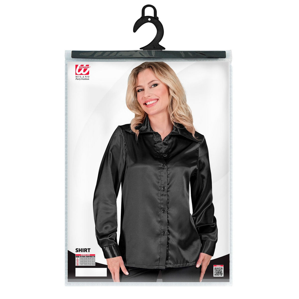 Op deze afbeelding zie je een Kostuums, van het merk Widmann. Jaren 70 Blouse Satijn Zwart Vrouw