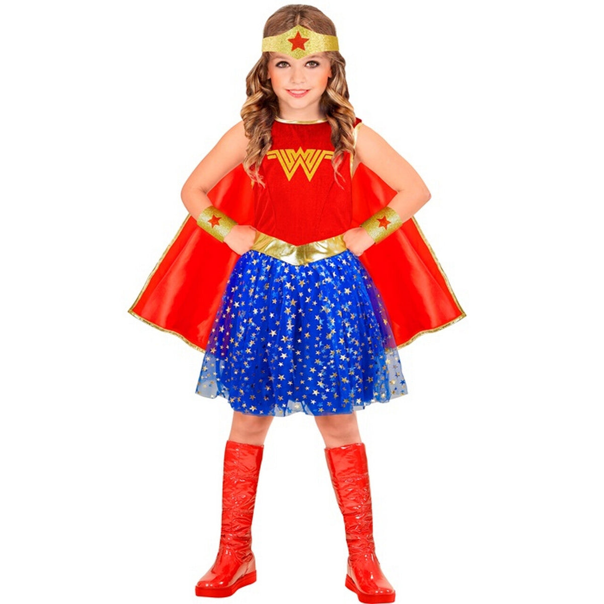 Op deze afbeelding zie je een Kostuums, van het merk Widmann. Mega Stoere Superheldin Wonder Girl Meisje Kostuum