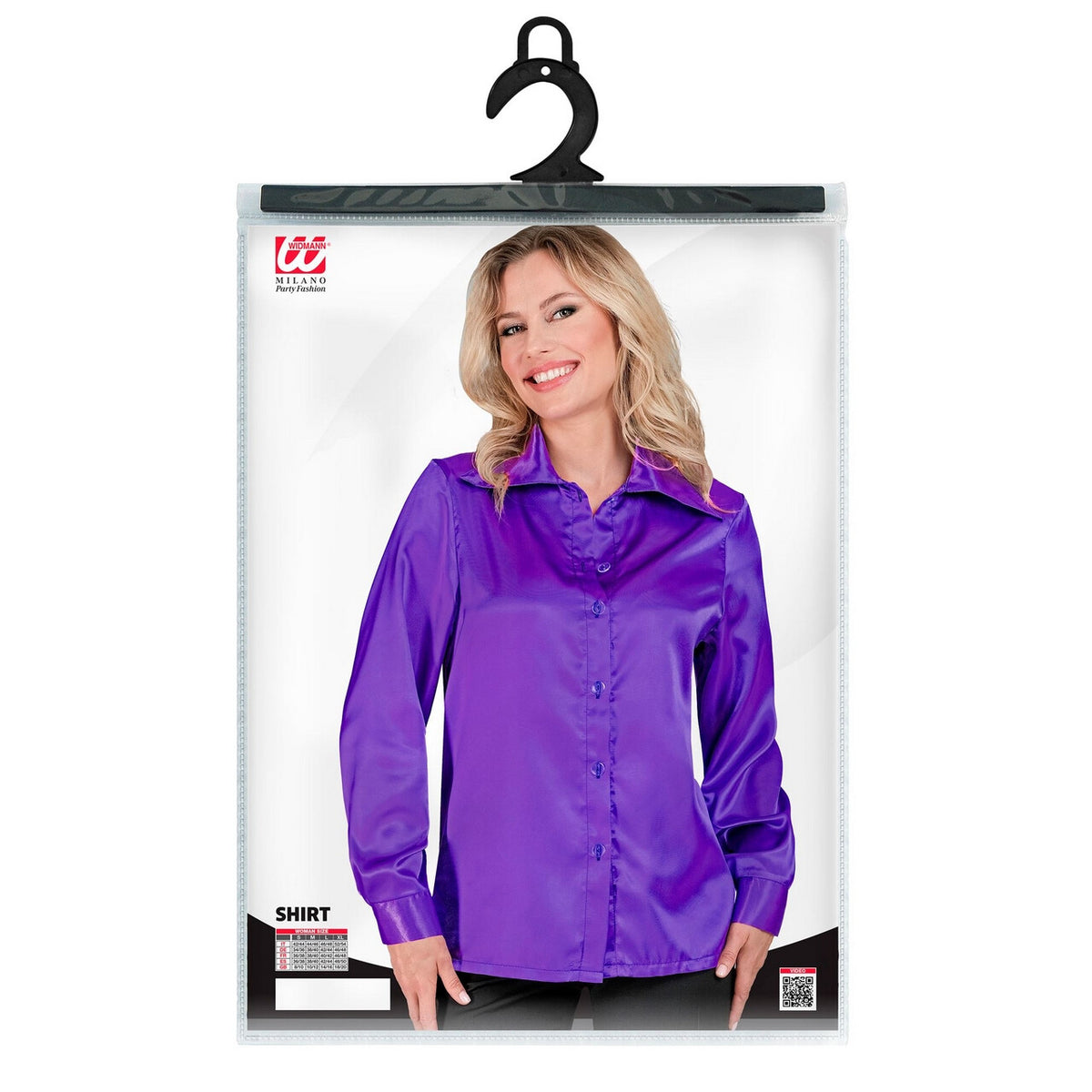 Op deze afbeelding zie je een Kostuums, van het merk Widmann. Jaren 70 Blouse Satijn Paars Vrouw
