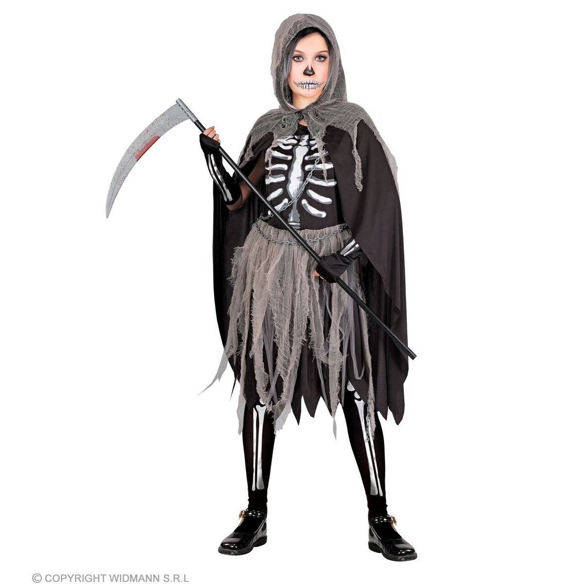 Op deze afbeelding zie je een Kostuums, van het merk Widmann. Skelet Spook Zwarte Beul Meisje Kostuum