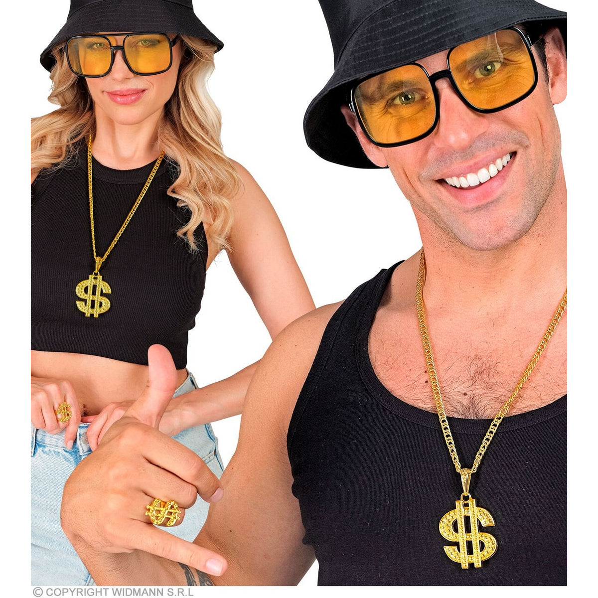 Op deze afbeelding zie je een Accessoires, van het merk Widmann. Set Ketting En Ring Dollarteken Goud