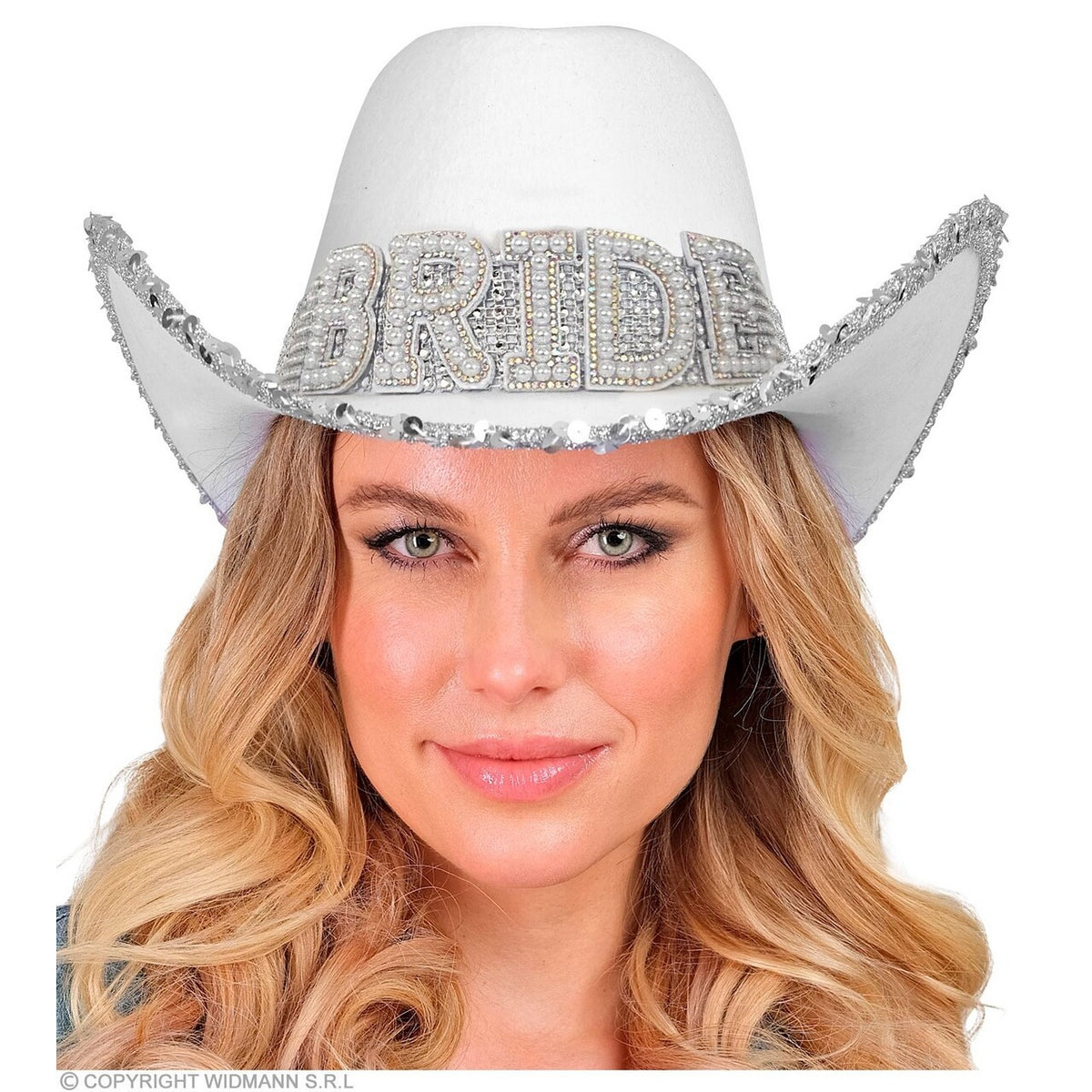 Op deze afbeelding zie je een Accessoires, van het merk Widmann. Cowboyhoed Wit Bride Met Pailletten