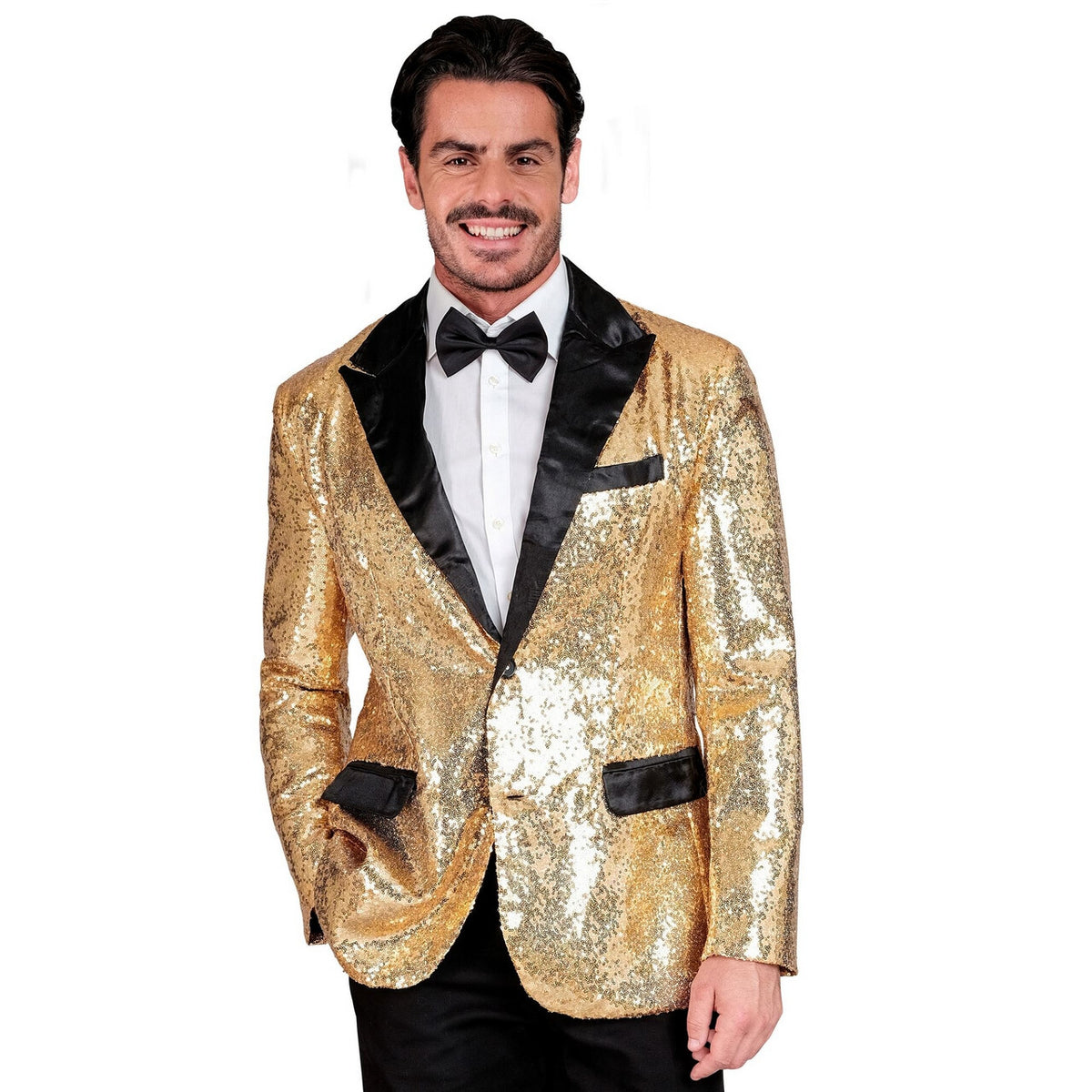 Op deze afbeelding zie je een Kostuums, van het merk Widmann. Showmaster Golden Glam Pailletten Colbert Man