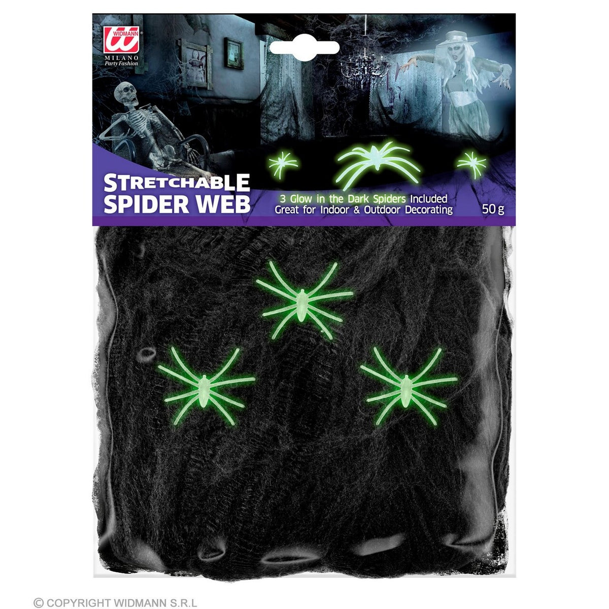Op deze afbeelding zie je een Decoratie, van het merk Widmann. Spinnenweb Met 3 Glow In Te Dark Spinnen 50 Gram