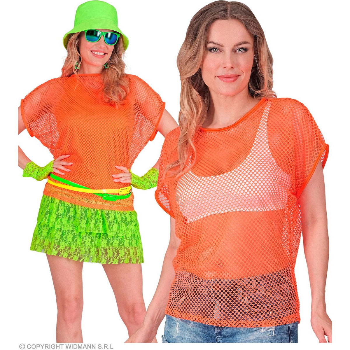 Op deze afbeelding zie je een Kostuums, van het merk Widmann. Visnet T-Shirt Neon Oranje Vrouw