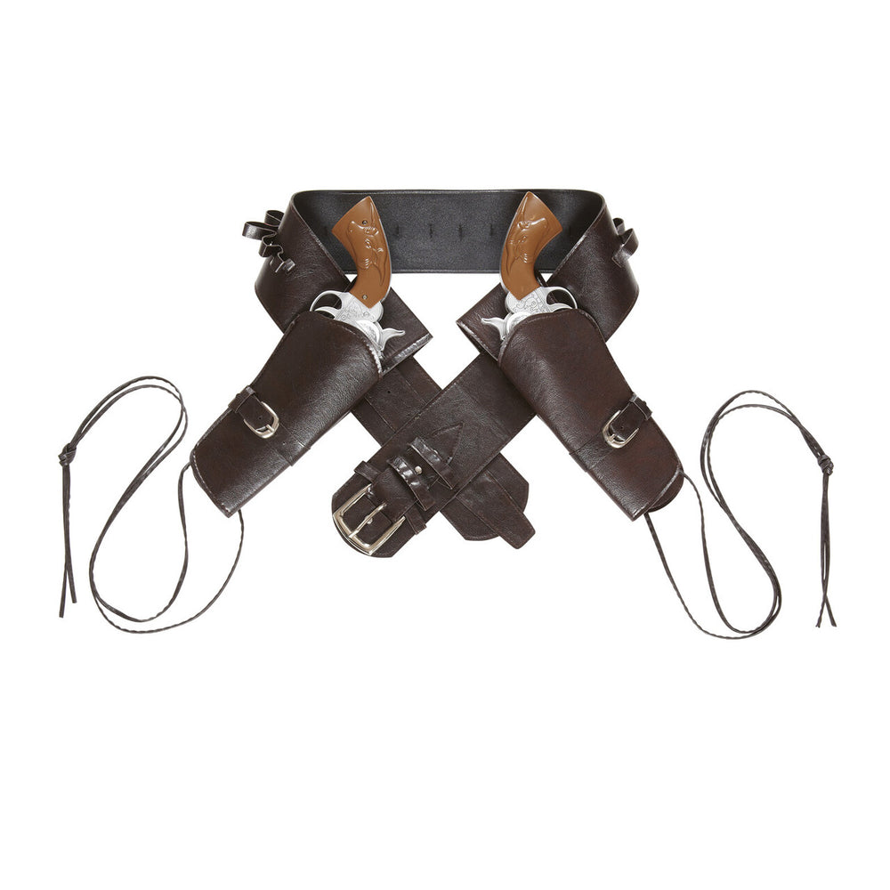 Op deze afbeelding zie je een Accessoires, van het merk Widmann. Saloon Shooter Western Dubbel Holster Met Riem Lederlook , Bruin