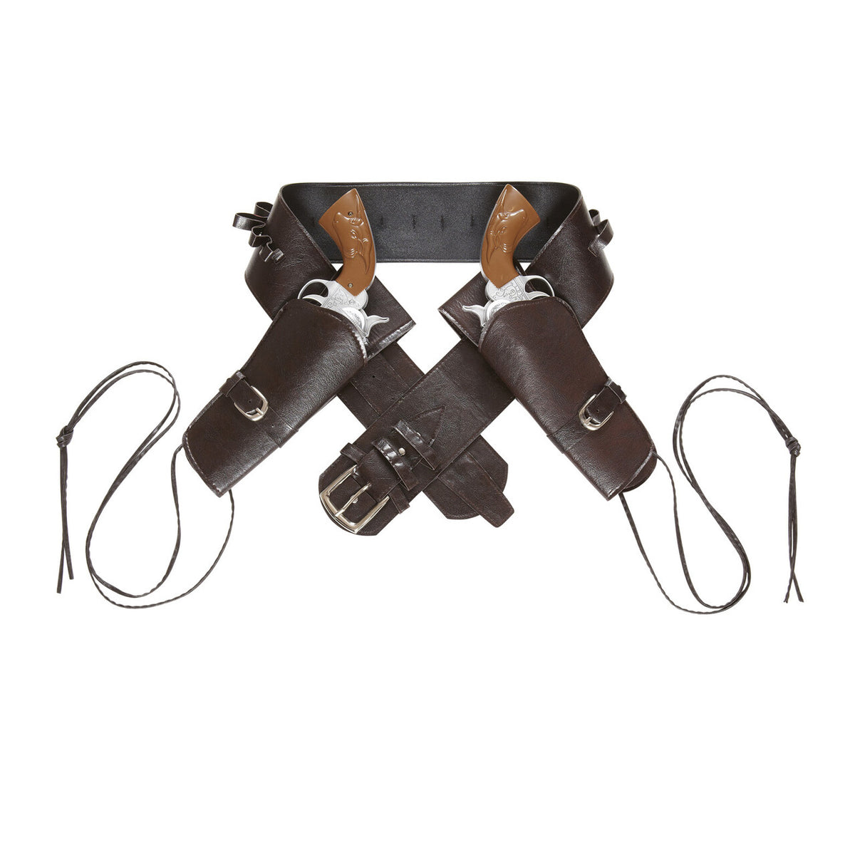 Op deze afbeelding zie je een Accessoires, van het merk Widmann. Saloon Shooter Western Dubbel Holster Met Riem Lederlook , Bruin