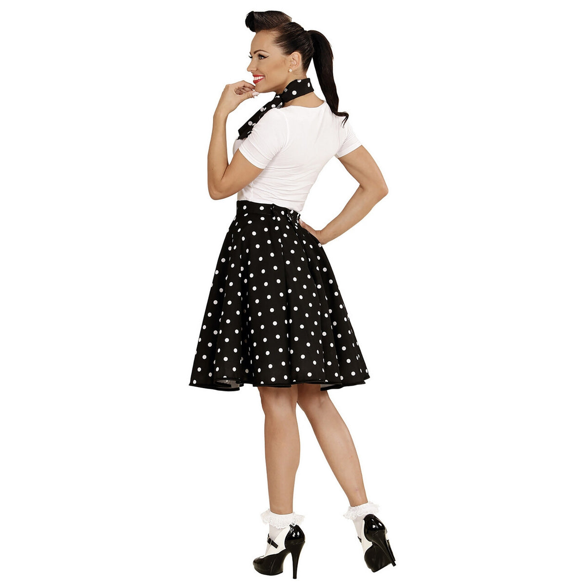 Op deze afbeelding zie je een Kostuums, van het merk Widmann. Black Lady 50s Rock And Roll Rok Met Nekband, Zwarte Stippen Vrouw Kostuum
