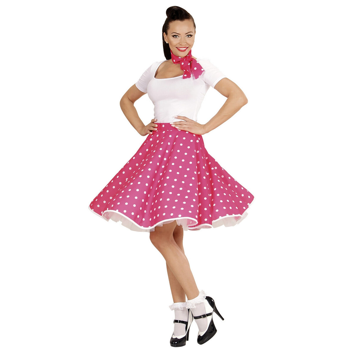 Op deze afbeelding zie je een Kostuums, van het merk Widmann. 50s Rock And Roll Rok Met Nekband, Roze Pink Jumper Vrouw Kostuum