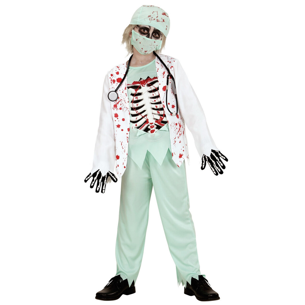 Op deze afbeelding zie je een Kostuums, van het merk Widmann. Skelet Zombie Dokter Jongen Kostuum