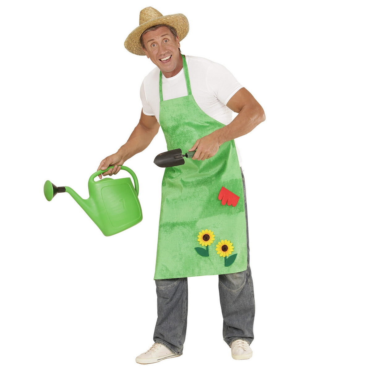 Op deze afbeelding zie je een Kostuums, van het merk Widmann. Schort Tuinman Met Zonnebloemen Ms Greenfingers Kostuum