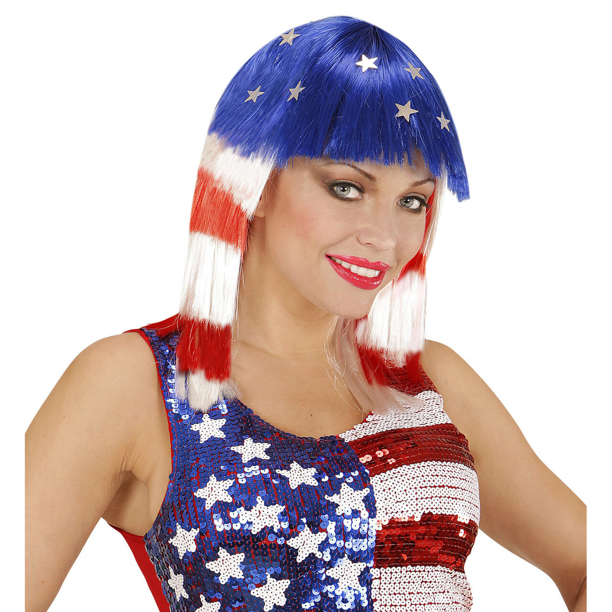 Op deze afbeelding zie je een Accessoires, van het merk Widmann. Stars And Stripes Pruik, Miss USA