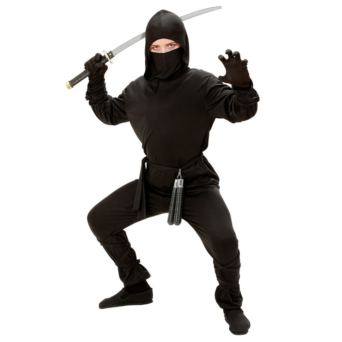 Op deze afbeelding zie je een Kostuums, van het merk Widmann. Zwart Samoerai Running Ninja Kostuum Jongen