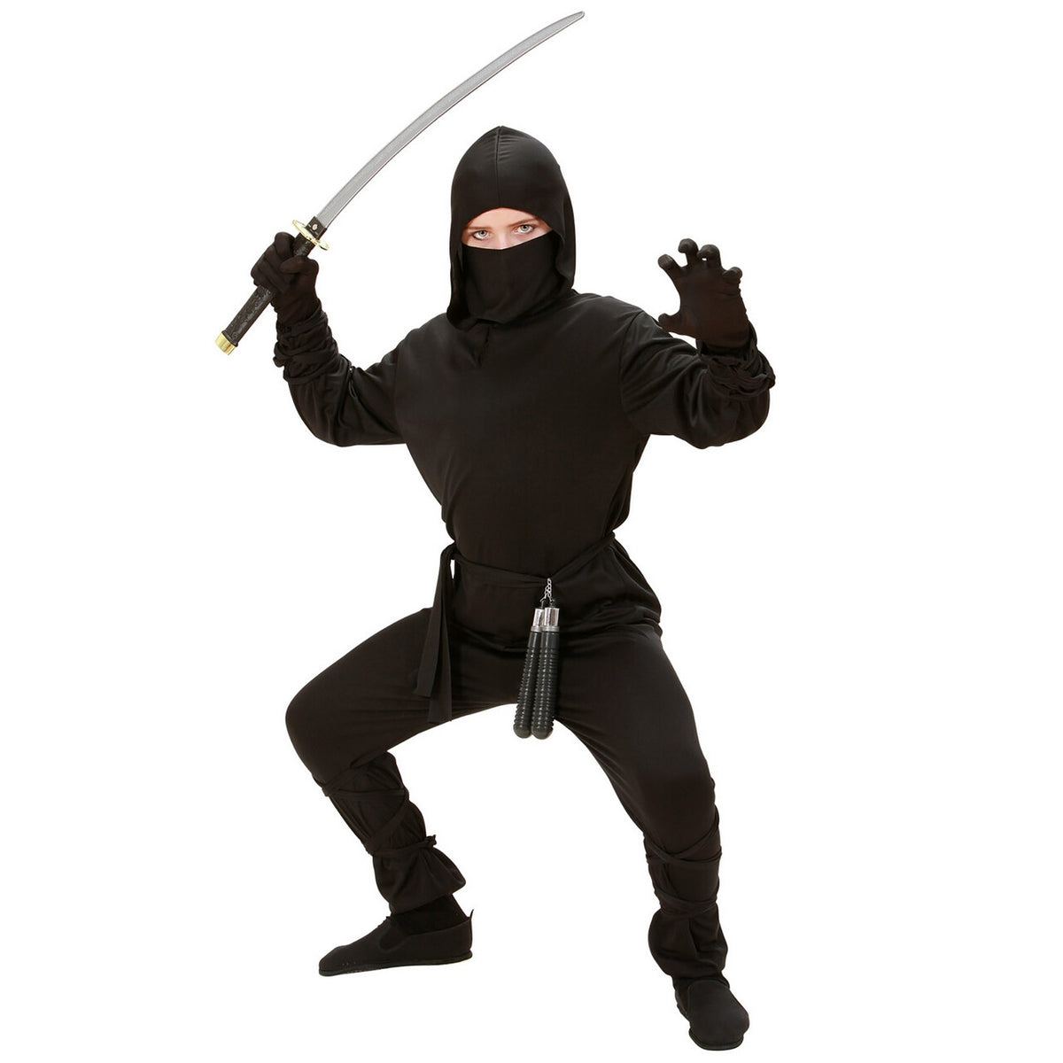 Op deze afbeelding zie je een Kostuums, van het merk Widmann. Zwart Samoerai Running Ninja Kostuum Jongen
