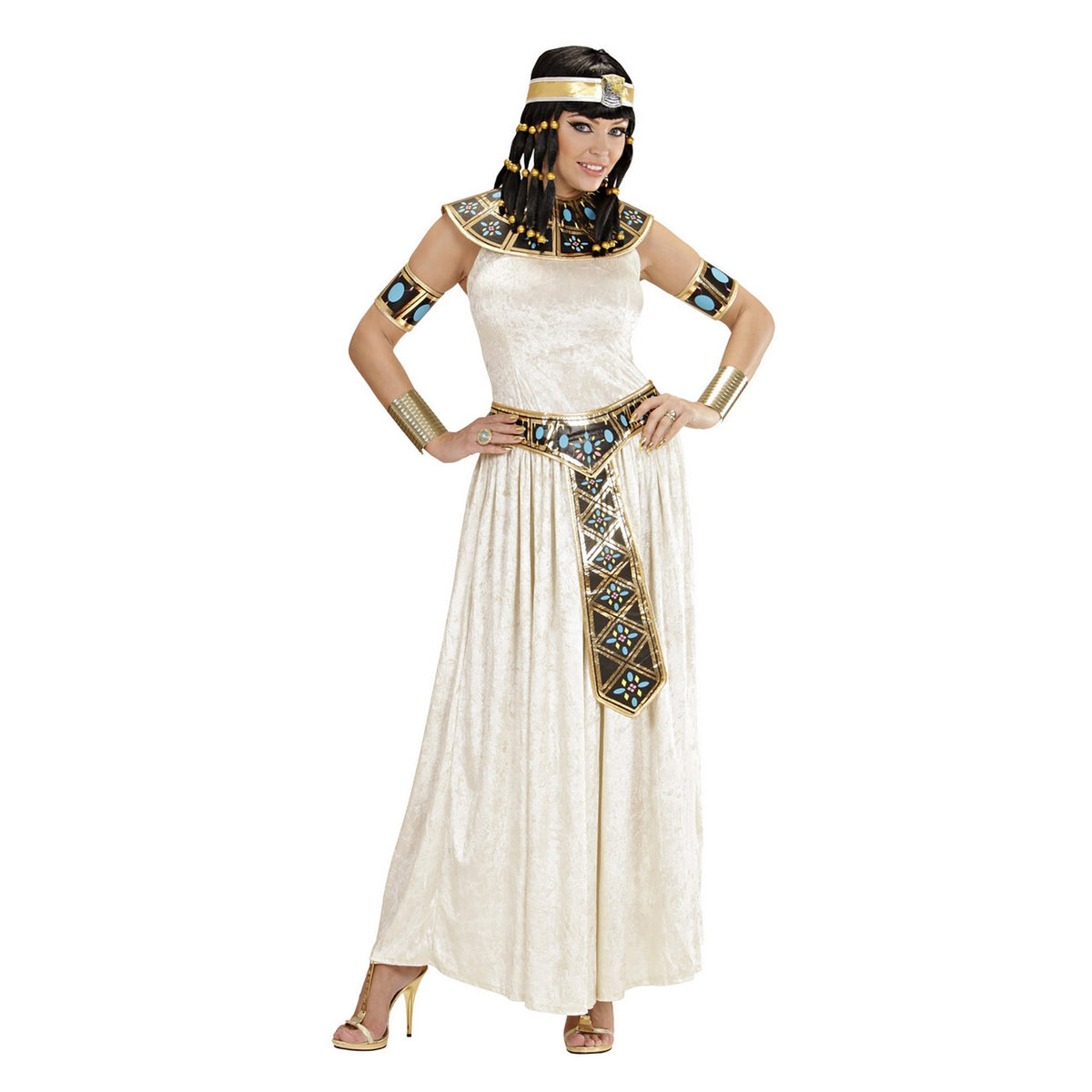 Op deze afbeelding zie je een Kostuums, van het merk Widmann. Lange Egyptische Keizerin Kostuum Vrouw
