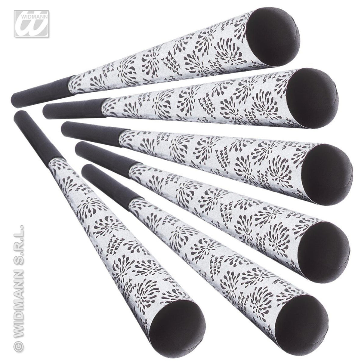 Op deze afbeelding zie je een Accessoires, van het merk Widmann. 6 Happy New Year Toeters 25 Centimeter Zilver