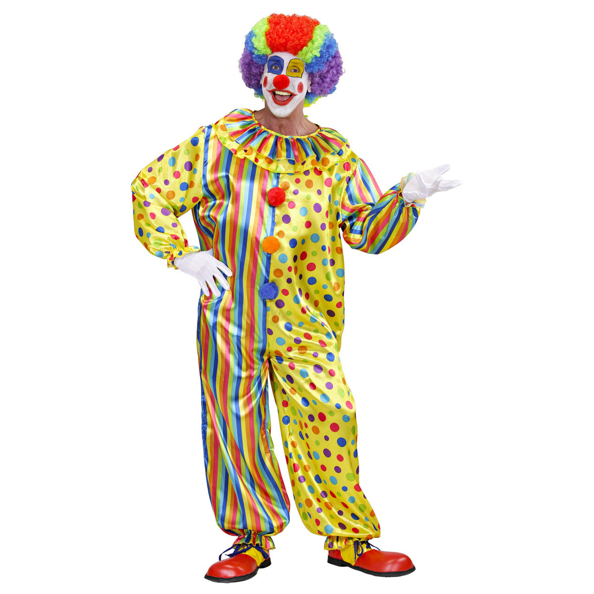 Op deze afbeelding zie je een Kostuums, van het merk Widmann. Veelkleurige Clown Jumpsuit Volwassen Kostuum