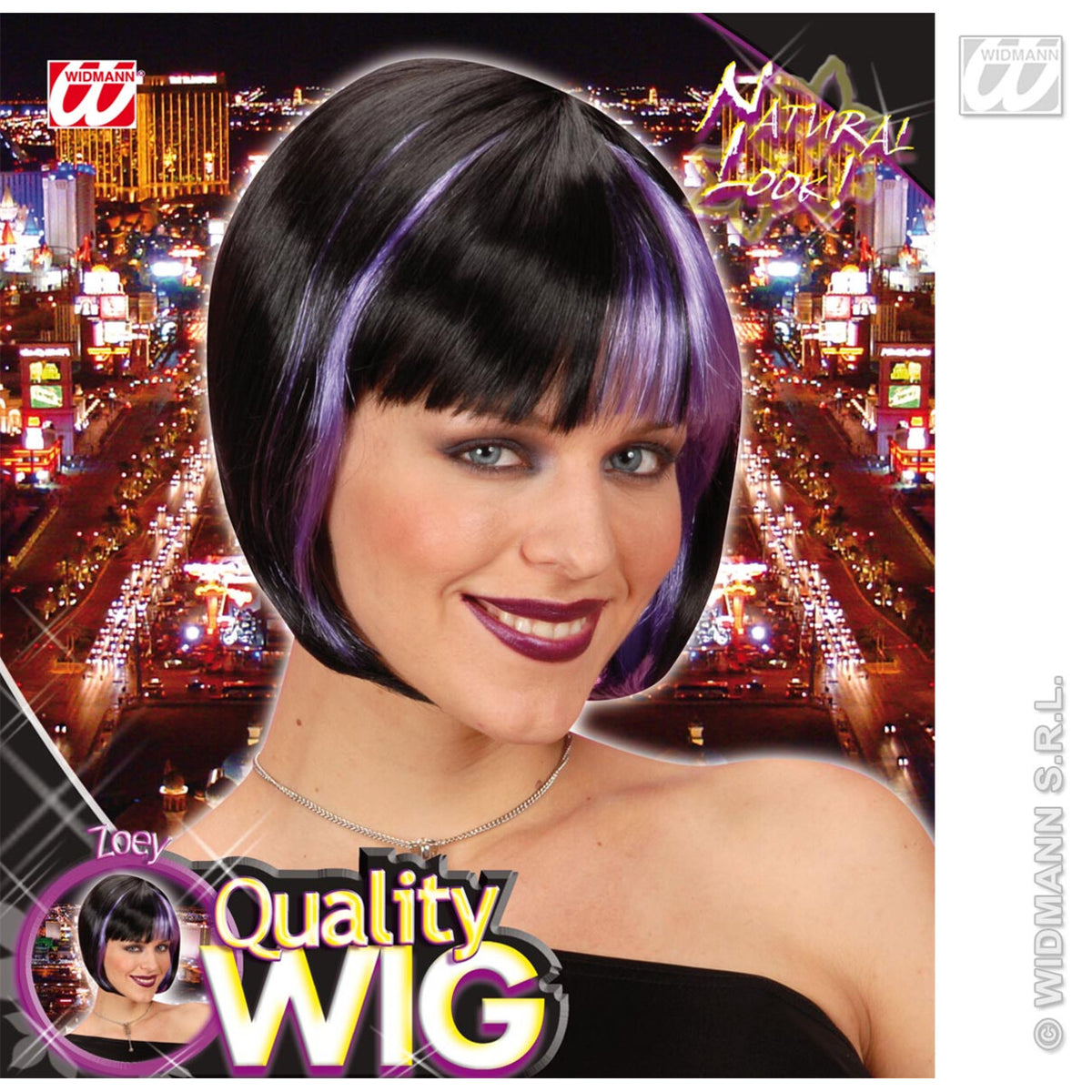 Op deze afbeelding zie je een Accessoires, van het merk Widmann. Pruik, Zoey Zwart Met Paarse Highlights