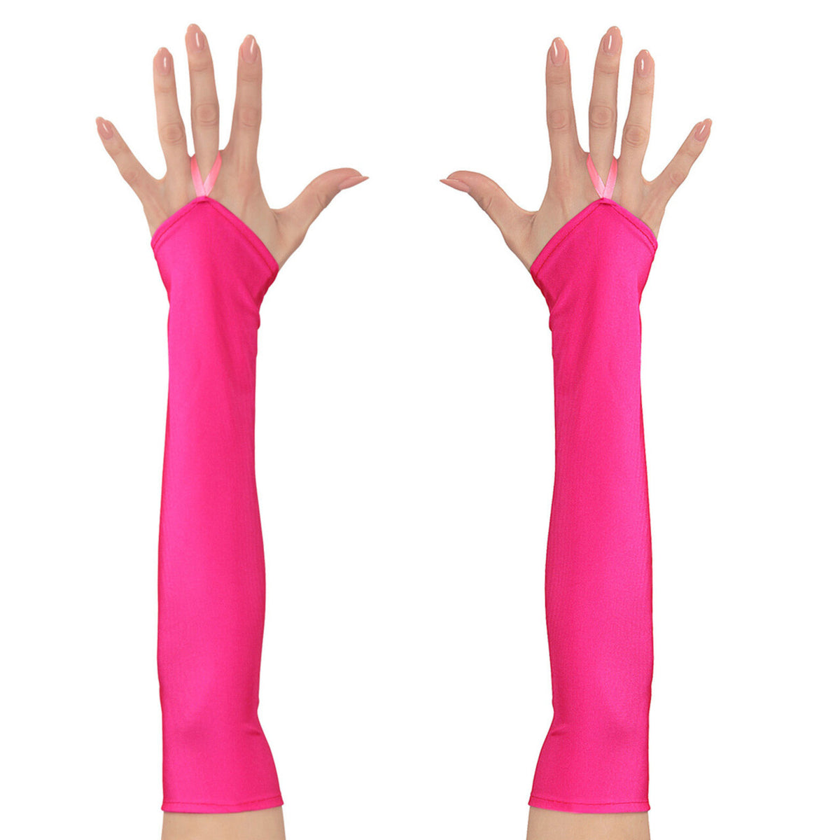 Op deze afbeelding zie je een Accessoires, van het merk Widmann. Tachtiger Jaren Vingerloze Handschoenen Satijn, Neon Roze
