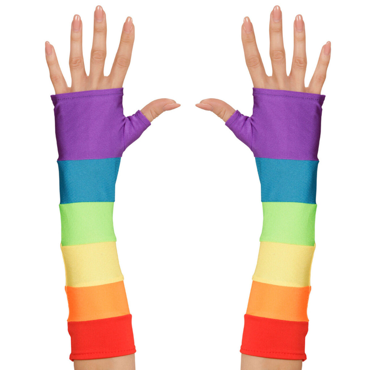 Op deze afbeelding zie je een Accessoires, van het merk Widmann. Tachtiger Jaren Vingerloze Handschoenen Satijn, Regenboog Kleuren