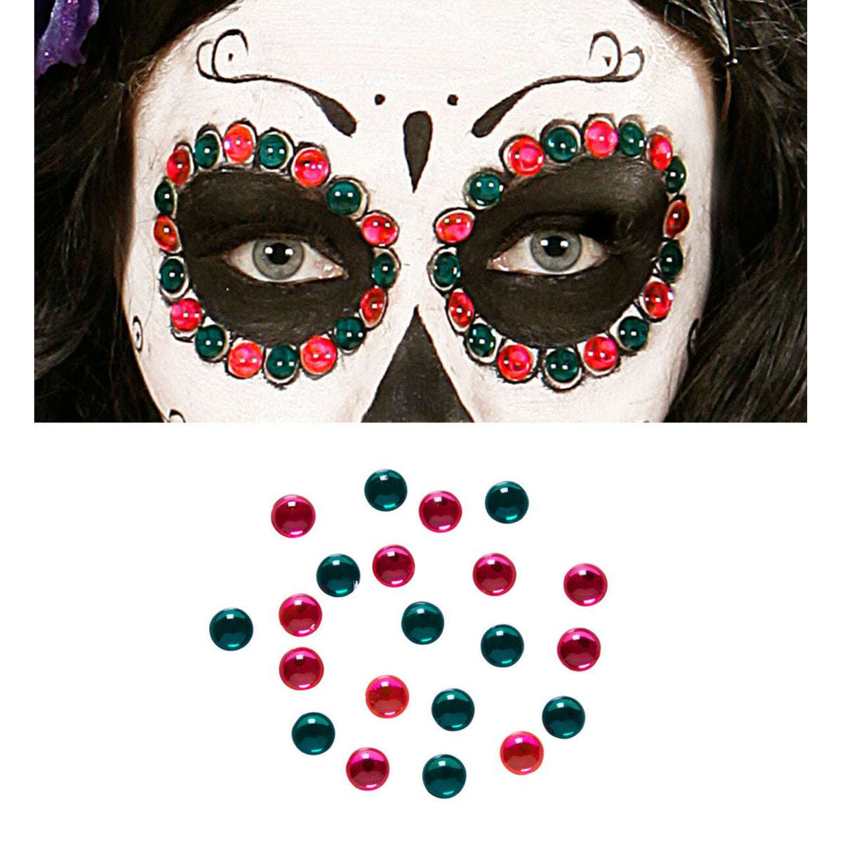 Op deze afbeelding zie je een Accessoires, van het merk Widmann. Opplak Set Van 40 Oog Edelstenen, Roze / Groen