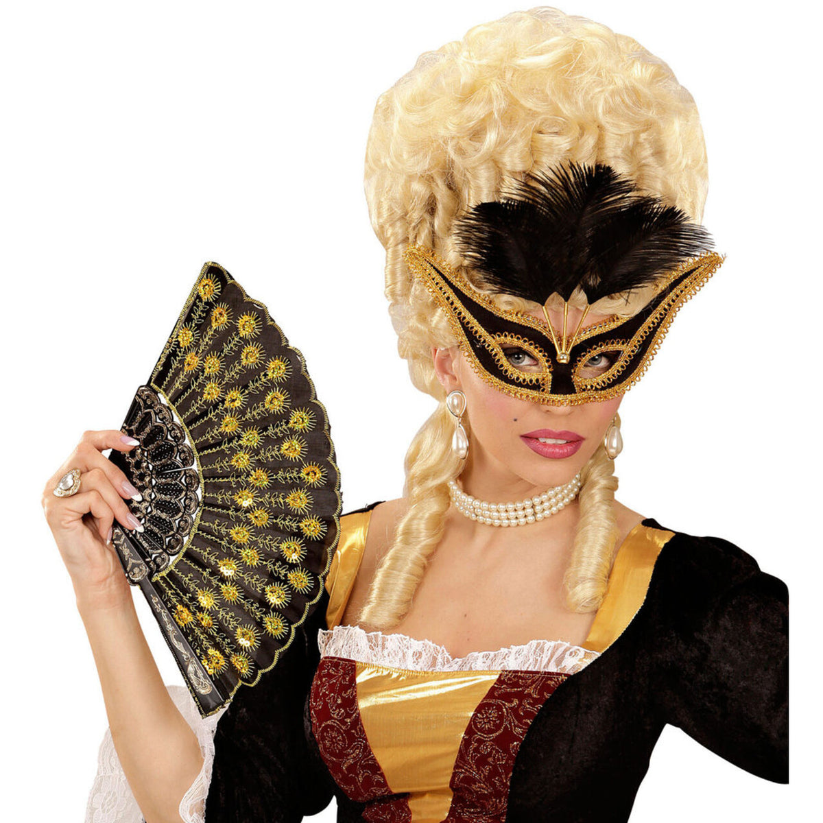 Op deze afbeelding zie je een Accessoires, van het merk Widmann. Uitbundig Oogmasker Zwart Met Goud En Veren