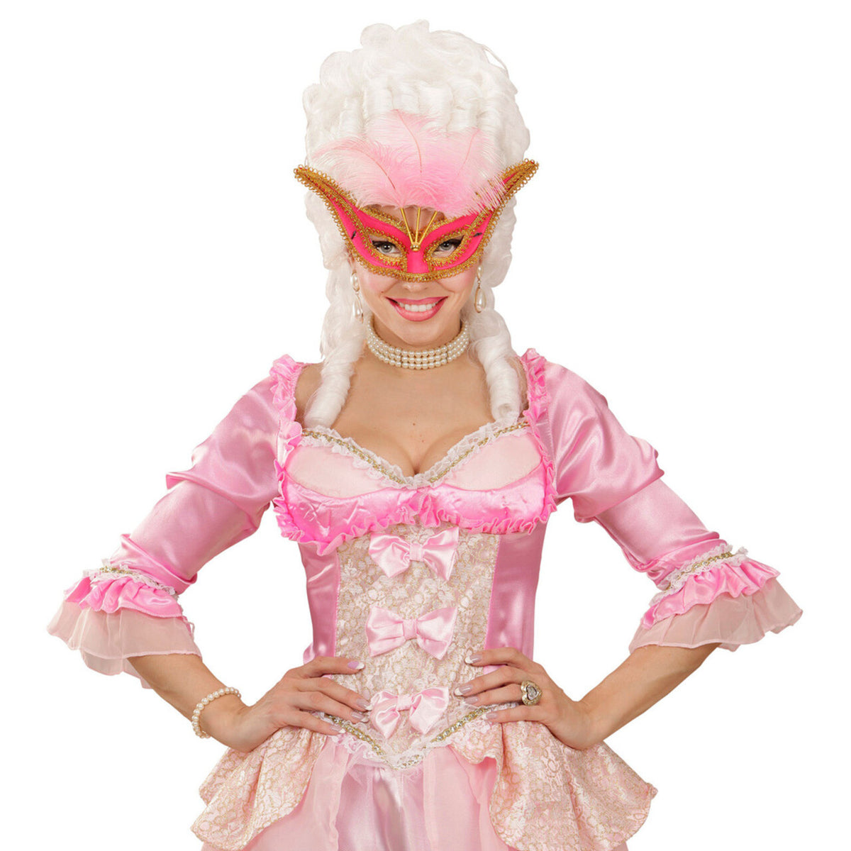 Op deze afbeelding zie je een Accessoires, van het merk Widmann. Uitbundig Oogmasker Roze Met Goud En Veren