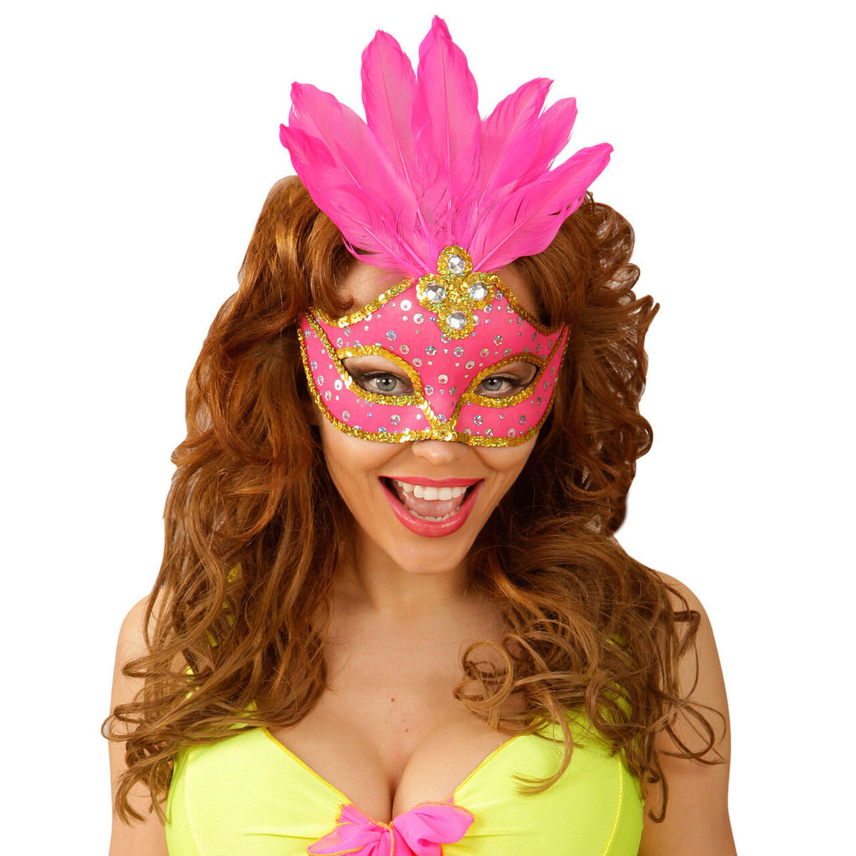 Op deze afbeelding zie je een Accessoires, van het merk Widmann. Samba Oogmasker Brazilie Met Veren En Parels, Neon Roze