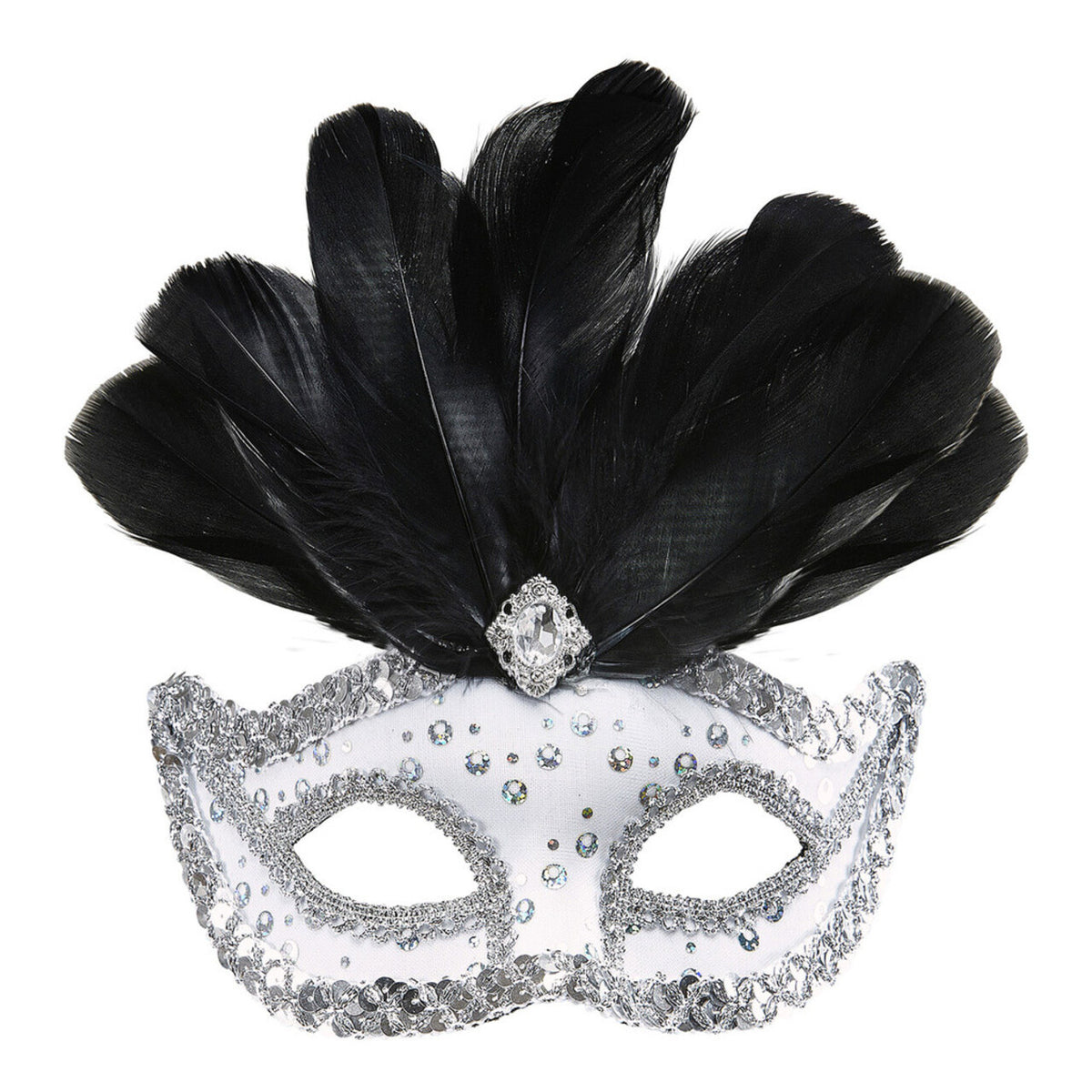 Op deze afbeelding zie je een Accessoires, van het merk Widmann. Samba Oogmasker Rialto Wit Met Pailletten En Veren