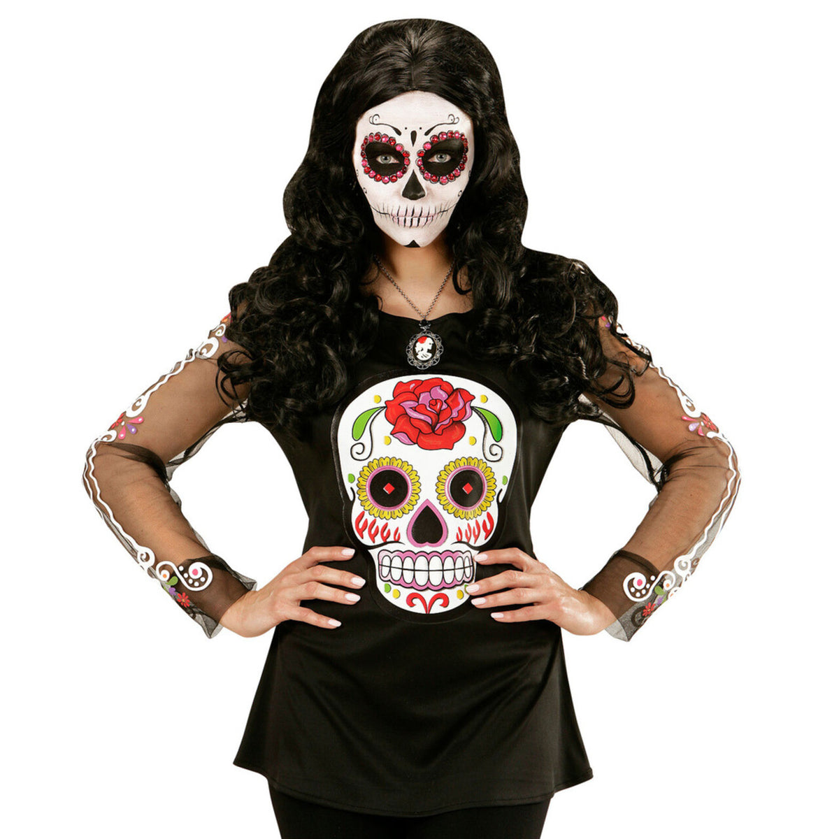 Op deze afbeelding zie je een Kostuums, van het merk Widmann. Mexicaans Shirt Dia De Los Muertos Vrouw