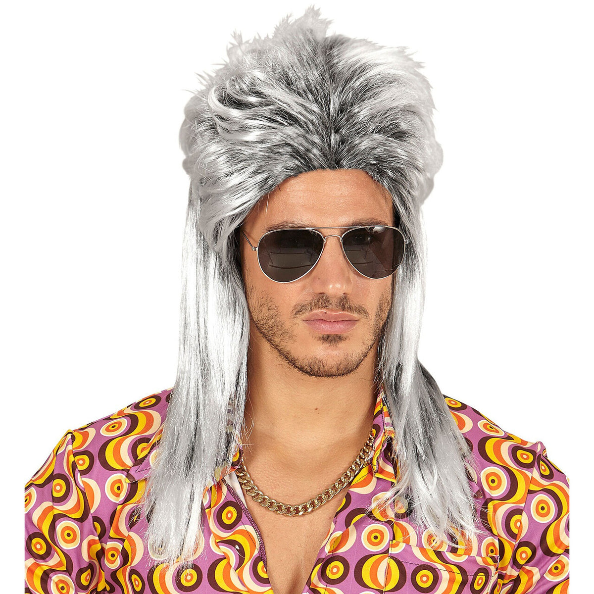 Op deze afbeelding zie je een Accessoires, van het merk Widmann. Brandon Pruik, Mullet 80s Grijs