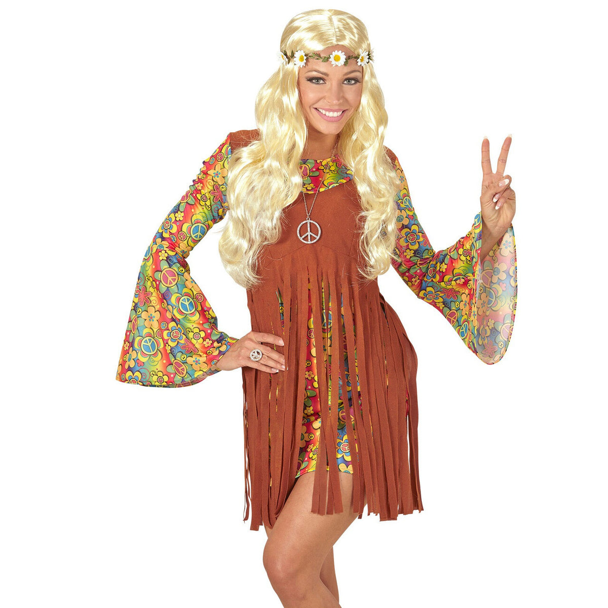 Op deze afbeelding zie je een Accessoires, van het merk Widmann. Curly Carla Pruik, Hippie / Middeleeuwen Blond Met Bloemen Hoofdband