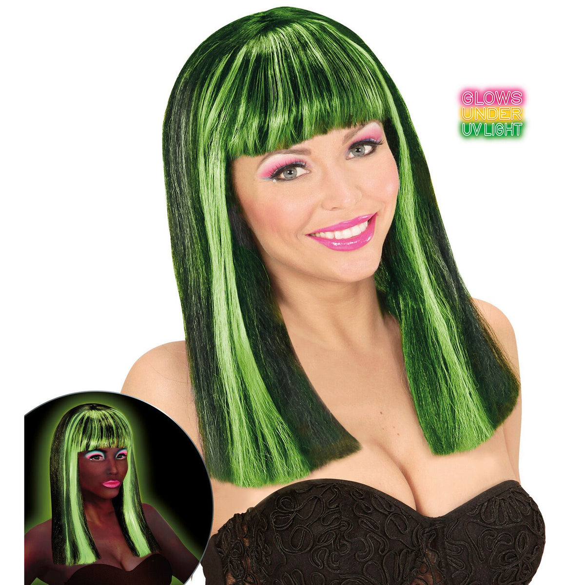 Op deze afbeelding zie je een Accessoires, van het merk Widmann. Lange Pruik, Patsy Neon Groen Strepen