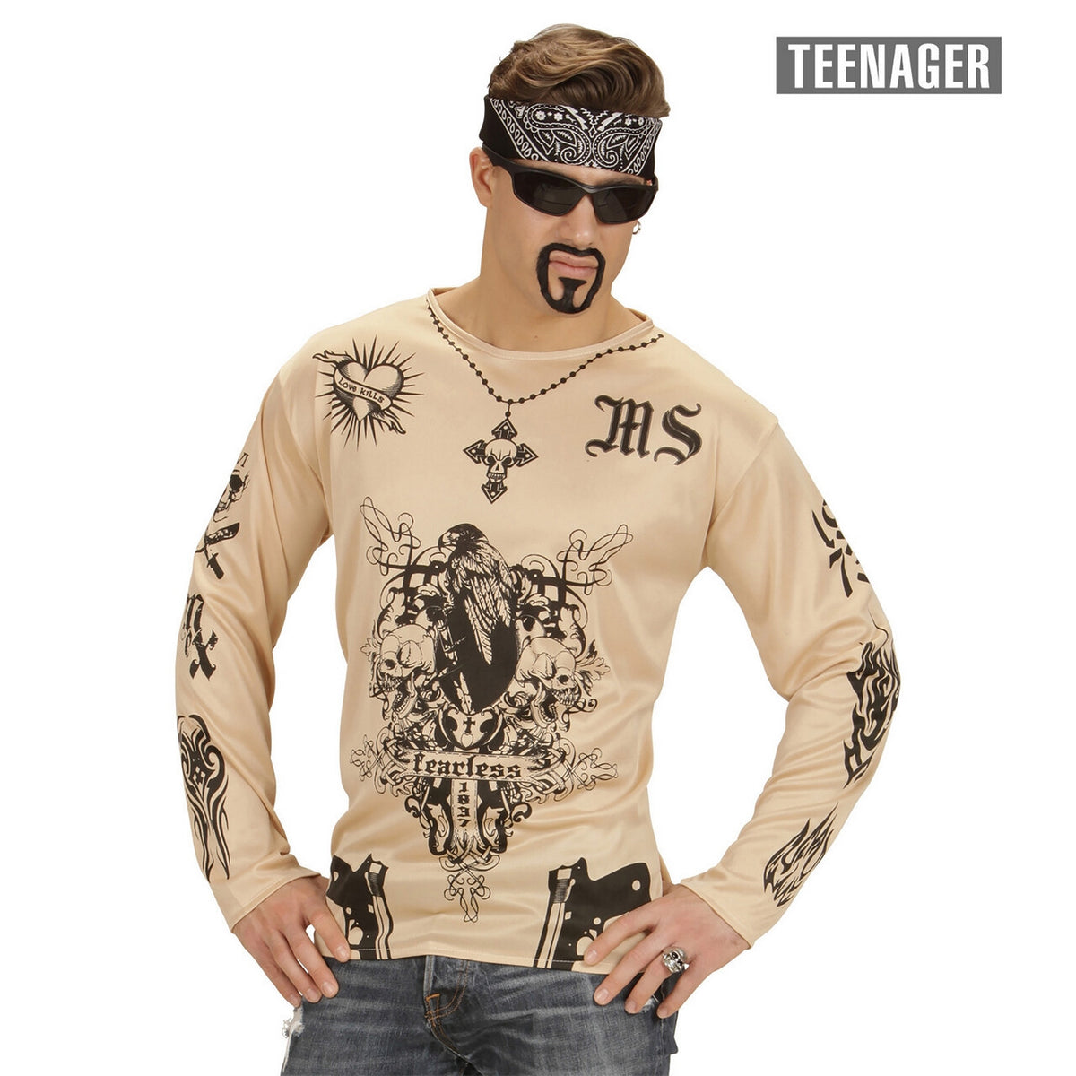 Op deze afbeelding zie je een Kostuums, van het merk Widmann. Tattoo Straatgang Tiener Shirt Jongen