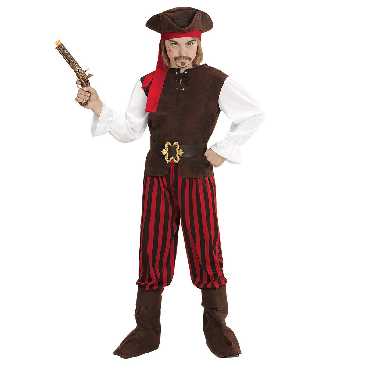 Op deze afbeelding zie je een Kostuums, van het merk Widmann. Caribische Piratenjongen Carlos Kostuum