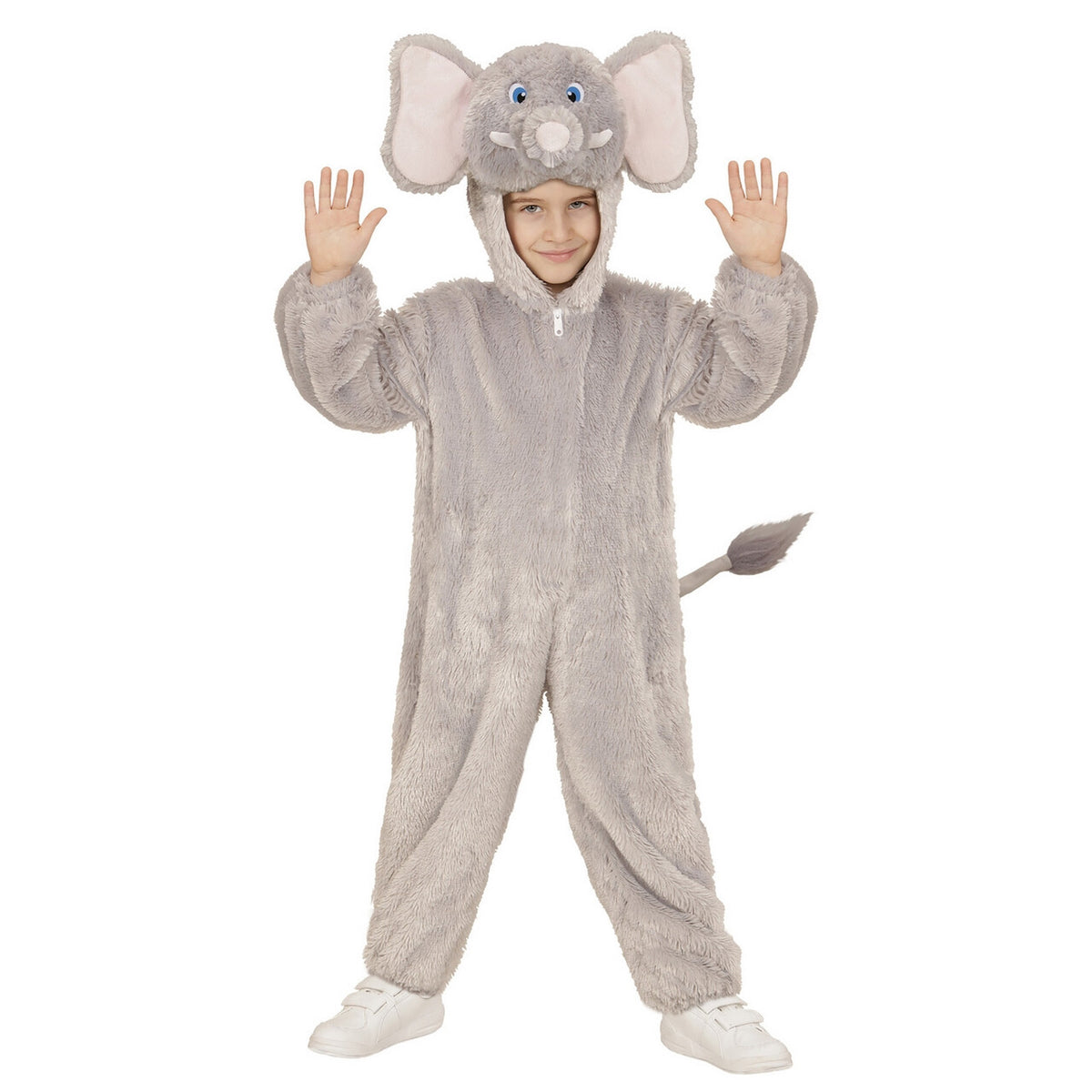 Op deze afbeelding zie je een Kostuums, van het merk Widmann. Jumpsuit Met Kap En Masker 98 Centimeter Afrikaanse Olifant Kind Kostuum
