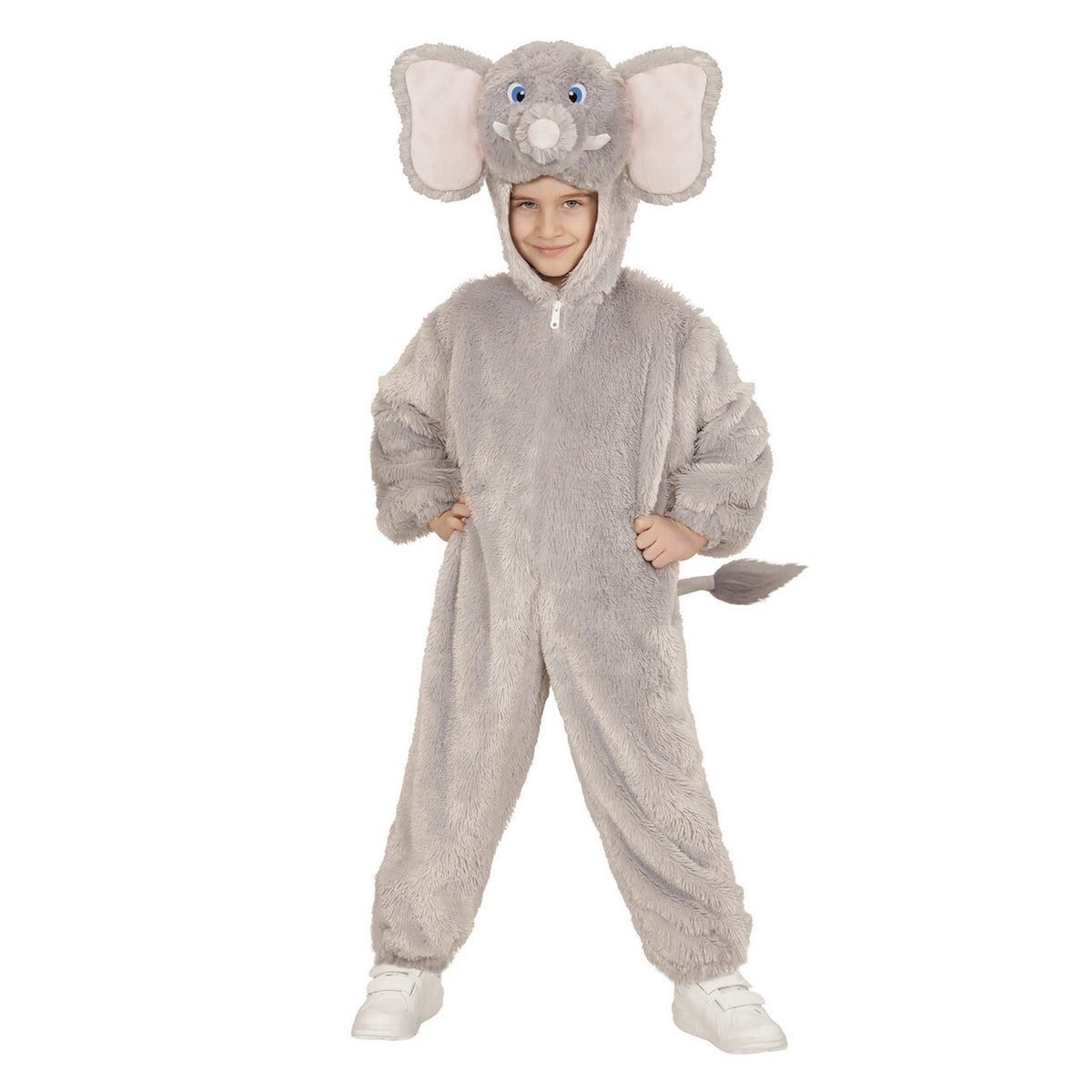 Op deze afbeelding zie je een Kostuums, van het merk Widmann. Jumpsuit Met Kap En Masker 98 Centimeter Afrikaanse Olifant Kind Kostuum