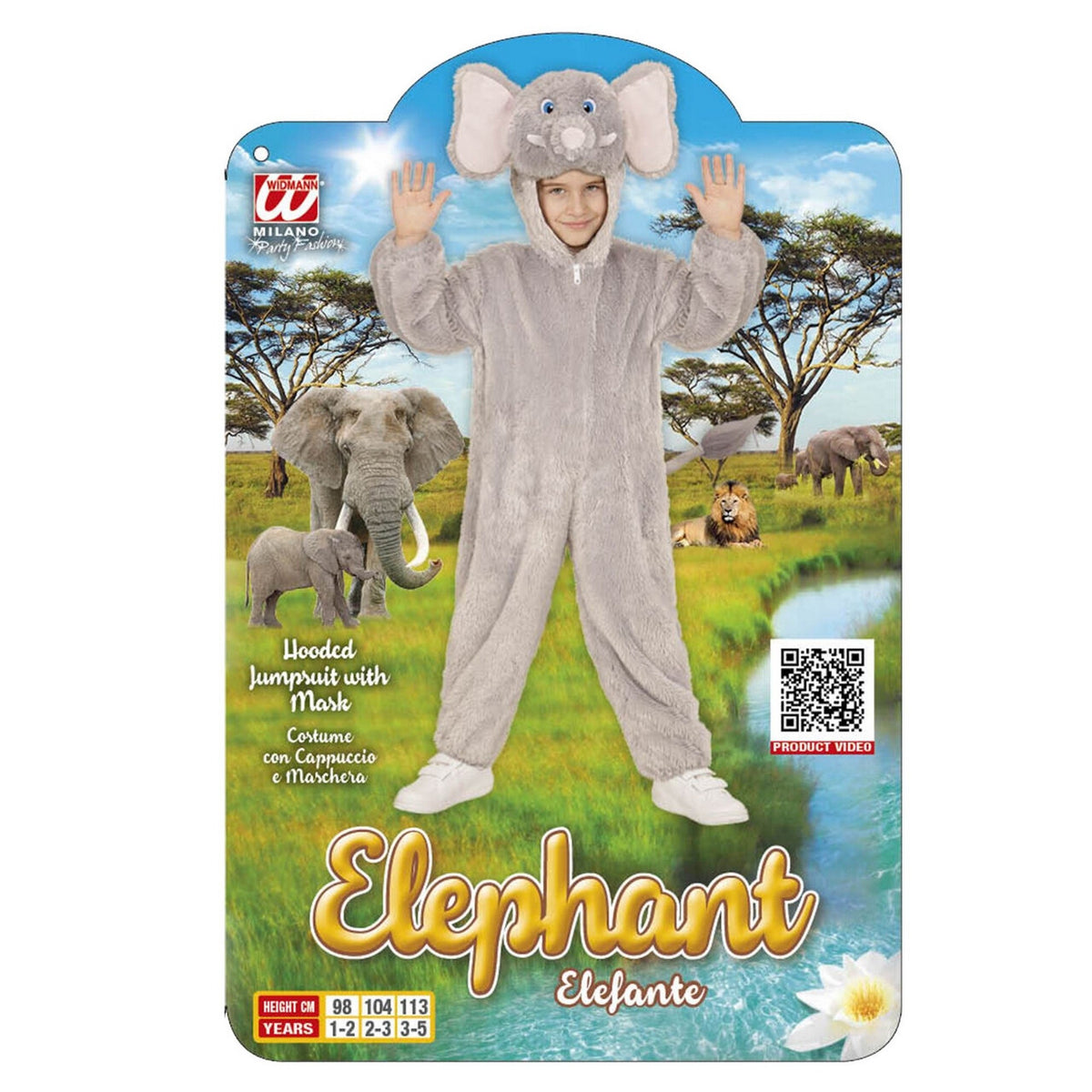 Op deze afbeelding zie je een Kostuums, van het merk Widmann. Jumpsuit Met Kap En Masker 98 Centimeter Afrikaanse Olifant Kind Kostuum