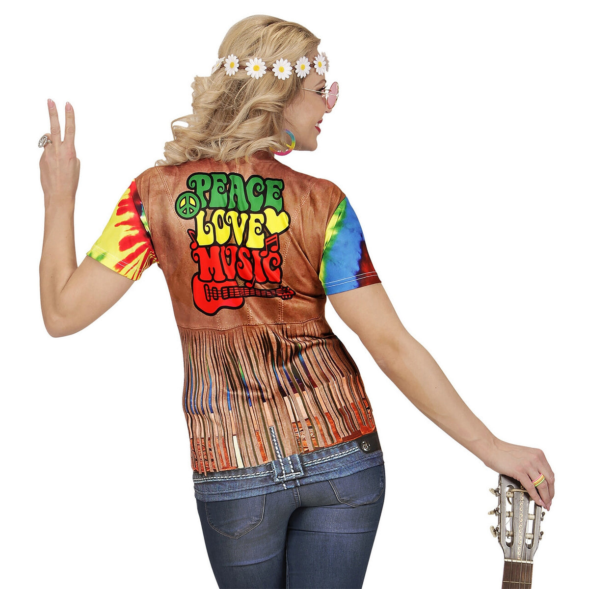 Op deze afbeelding zie je een Kostuums, van het merk Widmann. T-Shirt Hippie Helen High Vrouw