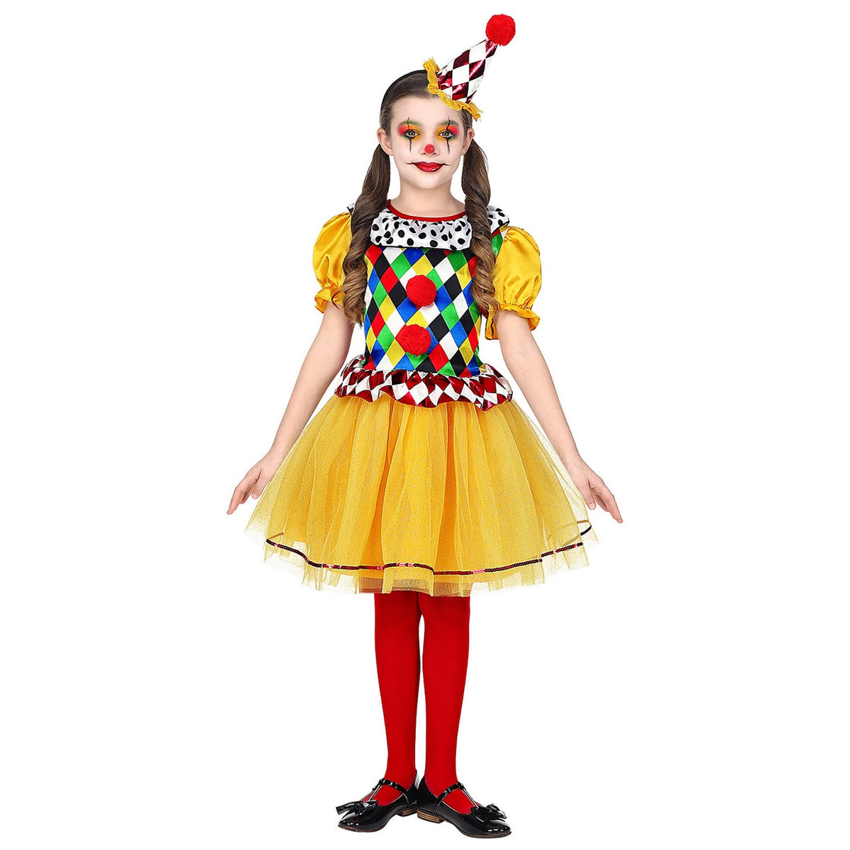 Op deze afbeelding zie je een Kostuums, van het merk Widmann. Jolige Clown Vrolijke Kleuren Meisje Kostuum